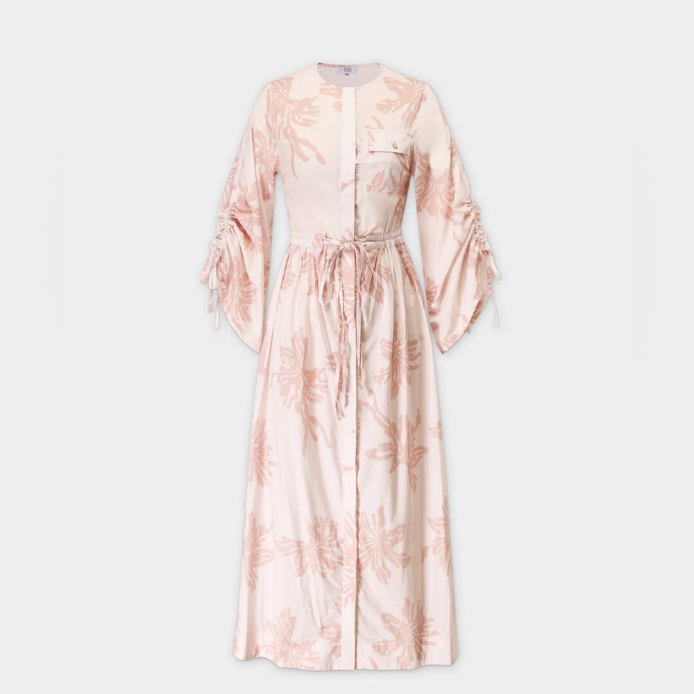 DRAWSTRING WAISTED DRESS-PALM DESIGN